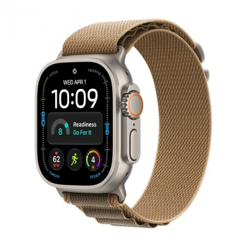 Apple Watch Ultra 4 Natural Titanium 49 мм Desert Alpine Loop — часы под углом