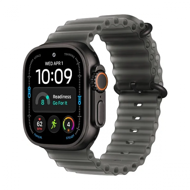 Apple Watch Ultra 4 49 мм Black Titanium — часы с ремешком Translucent Black Ocean Band, ракурс